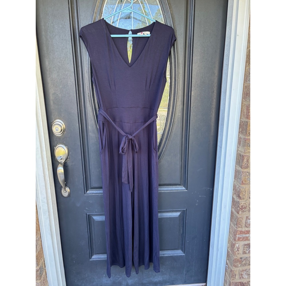 Boden Navy Blue Jersey Wide Leg Jumpsuit V-Neck Tie Waist Pockets US 8R UK 12R
